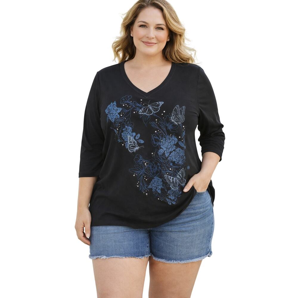 Vintage Y2K Size 18/20W Gitano Top Tee Butterfly Roses Dark Fairy Romantic